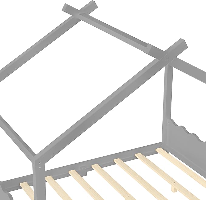 Full Size Wooden House Floor Bed - Kids Bed Frame with Roof & Support Slats for Bedroom, No Box Spring Needed, Easy Assembly (Grey)