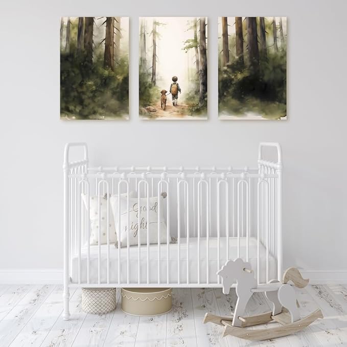 Boy and Dog Nursery Wall Art, Set of 3 Rustic Woodland Nursery Wall Decor, Little Boy and Puppy in the Forest Adventure Kid Wall Art Print, Outdoor Landscape Toddler Room Decor for Boys, Framed 16"x24"x3
