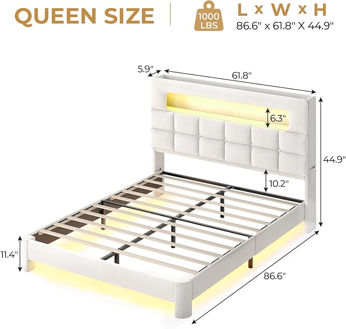MSmask Queen Upholstered LED Bed Frame with 2-Tier Storage Bookcase Headboard, Velvet Princess Bed with Crystal Button Tufted Headboard & Charging Station, Girls Platform Bed, Curved Legs, White