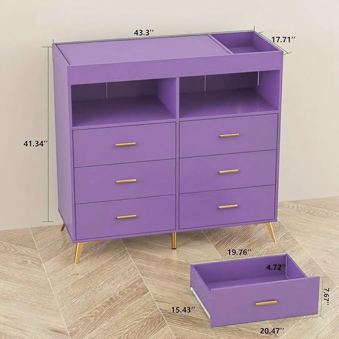 Dresser for Bedroom with LED Lights and Power Outlet, Baby Changing Table Dresser with 6 Drawers, 2 Open Storage Shelves, Baby Diaper Station with Changing Table Top (Purple)