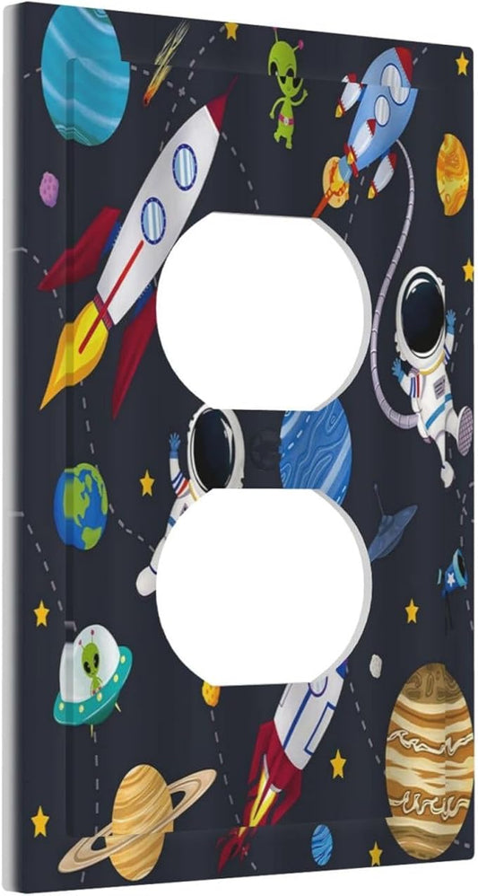 Rocket Planets Astronaut Blue Decorative 1 Gang Single Duplex Light Switch Plate Outlet Cover Decorative Wall Plate Switchplate Electrical Faceplate for Nursery Kidsroom Bedroom Decor