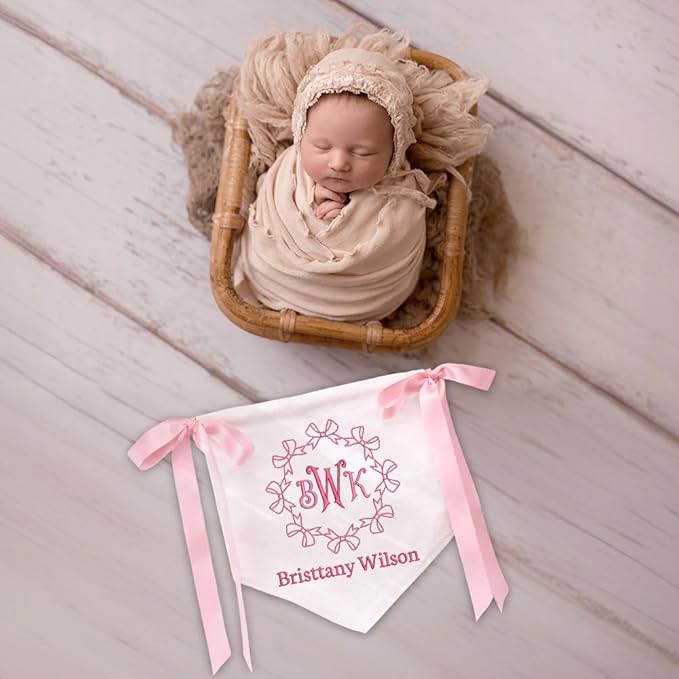 Embroidered Baby Name Sign Personalized Baby Announcement Sign Newborn Baby Banner with Bows Baby Hospital Name Sign Canvas Hanging Pennant Flag Custom Infant Baby Name Baby Shower Banner (14)