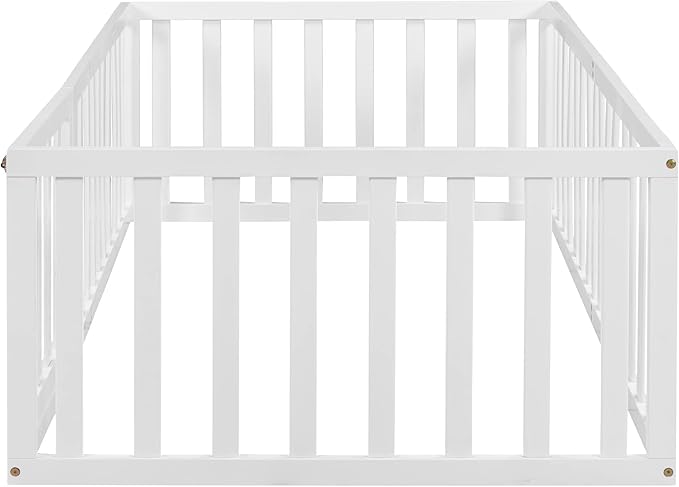 Merax Twin Floor Bed with Safety Guardrails and Door, Wood Montessori Floor Bed Frame for Kids, Twin Playhouse Bed Frame for Baby Girls and Boys, White