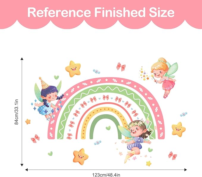 Tanlaby Large Rainbow Fairy Wall Stickers Elf Stars Wall Decals Peel and Stick Wall Art Sticker for Girls Bedroom Baby Nursery Kids Playroom Daycare Classroom Decor