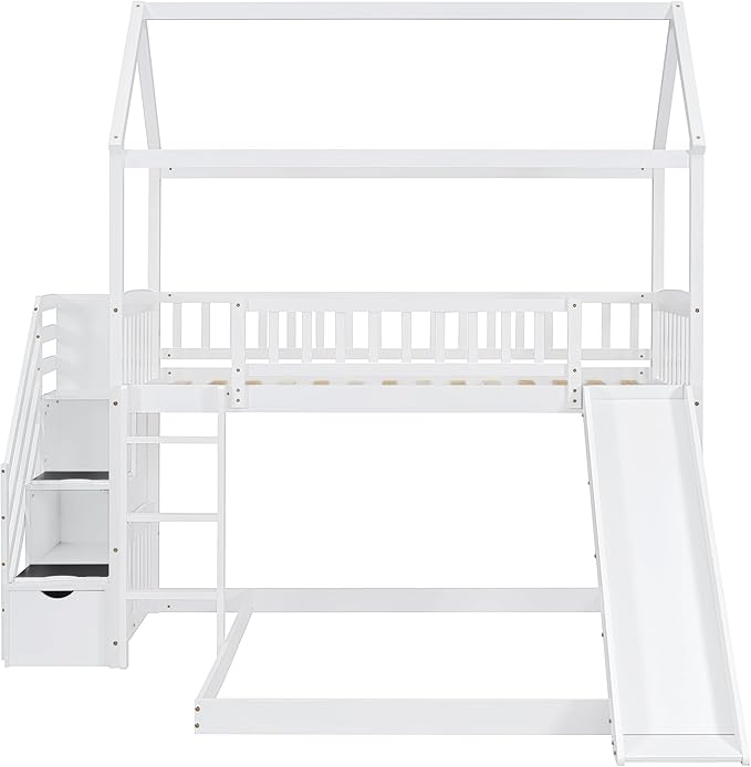 MERITLINE Twin Over Full L Shaped Bunk Bed for 2,Solid Wood House Floor Bunk Bed with Slide and Storage Stairs,No Box Spring Needed (White)
