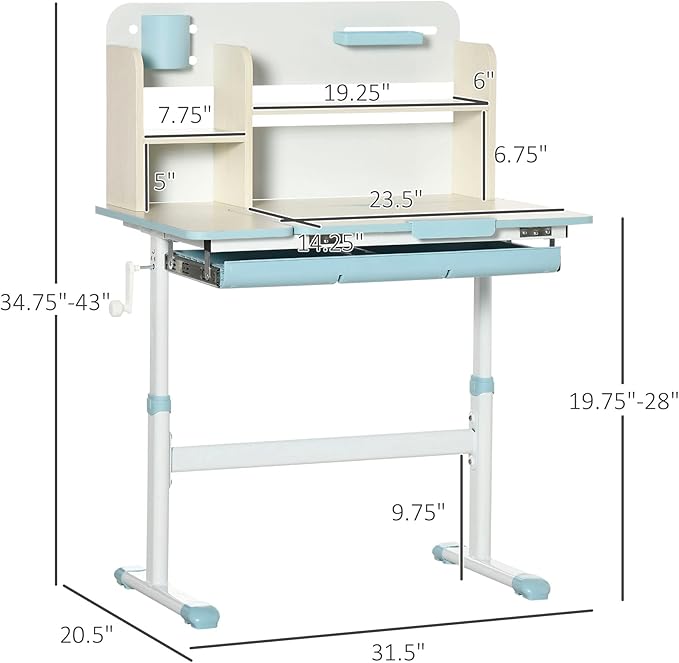 Qaba Wooden Kids Study Desk, Height Adjustable Children School Study Table, Student Writing Desk with Tilt Desktop, Drawer, Storage Shelf, Pen Holder, Blue