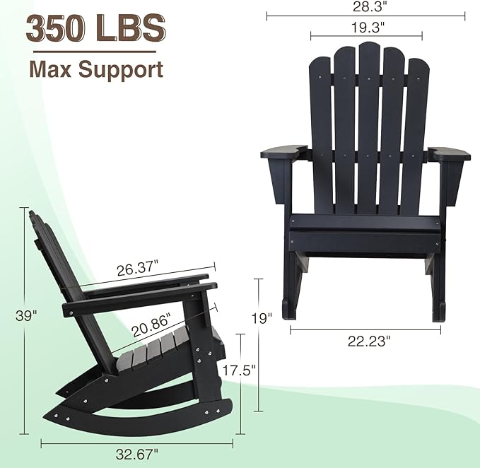 Psilvam Outdoor Adirondack Patio Rocking Chair, Poly Lumber Porch Rocker with High Back, Outdoor Rocking Chairs Set of 2 (Black)