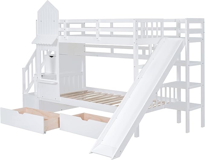 Twin-Over-Twin Castle Style Bunk Bed with 2 Drawers and 3 Shelves, Wood Bunk Bed Frame with Slide and Storage Staircase for Kids Teens Boys Girls, Maximize Space Savings