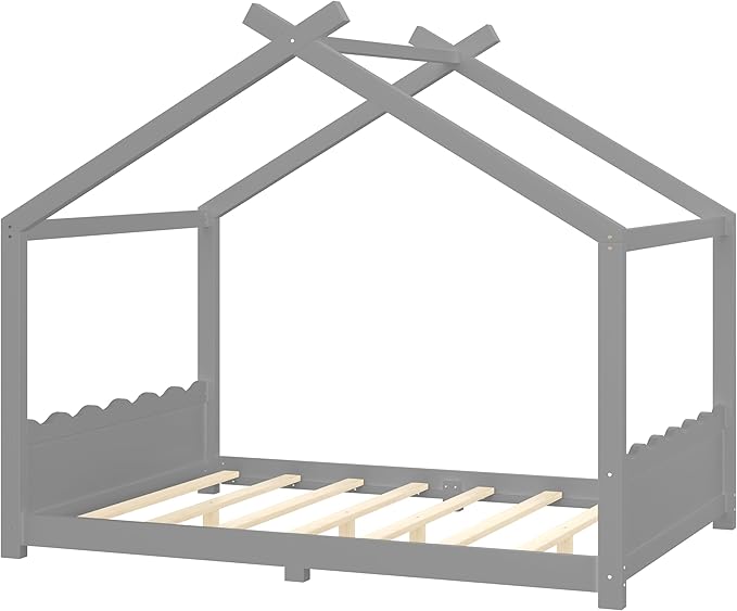 Full Size Wooden House Floor Bed - Kids Bed Frame with Roof & Support Slats for Bedroom, No Box Spring Needed, Easy Assembly (Grey)