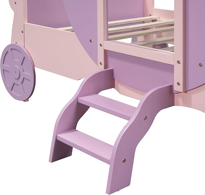 Cute Twin size Princess Carriage Bed with Crown and Stair, Solid Wood Car Bed Frame with 2 Doors, Headboard and Footboard, Safety Wood Slats for Kids Boys Girls Teens Adults (Purple+Pink-s18)