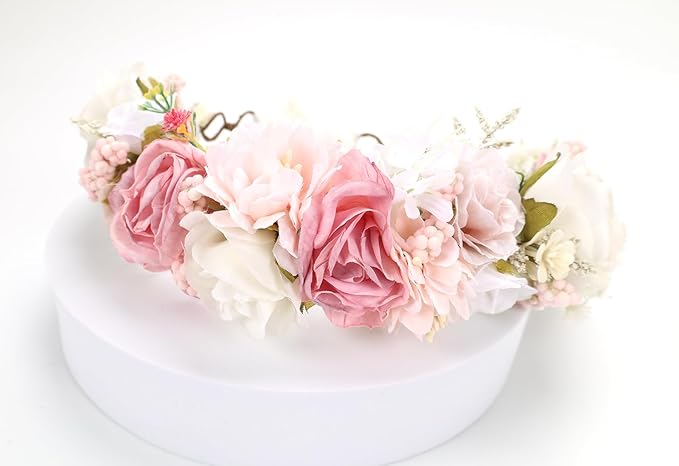 White Blush Pink Flower Crown for Girls Children Floral Headpiece Pink Kids Headband Wedding Holo Hair Accessories Birthday Photo Prop