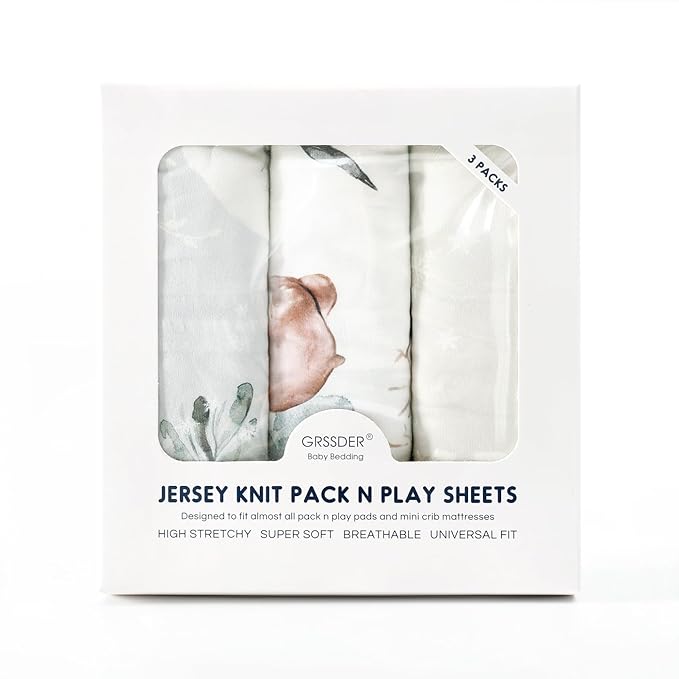 Stretchy Ultra Soft Jersey Knit Fitted Pack n Play Sheets 3 Pack, Portable/Mini Crib Sheets for Boys and Girls, Universal Fit for Pack N Plays Safe and Snug, Stylish Pattern of Bear and Wolf Print