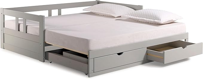 Alaterre Furniture Melody Twin to King Extendable Daybed with Trundle and Storage Drawers – Solid Brazilian Pine Wood with 400lb Capacity for Kids, Guest, or Small Bedroom (Dove Gray)