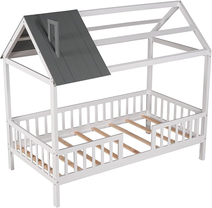 Bellemave Twin House BedFrame with Roof, Montessori Floor Bed, House Bed with Rails for Kids, White+Gray
