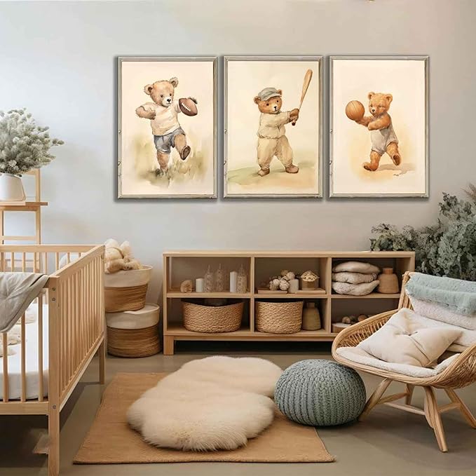 3Pcs Teddy Bear Sports Nursery Animal Canvas Wall Art Cute Woodland Baby Bear Rugby Wall Decor Pictures Football Basketball Baseball Kids Room Posters Prints for Children Bedroom Decoration No Frames
