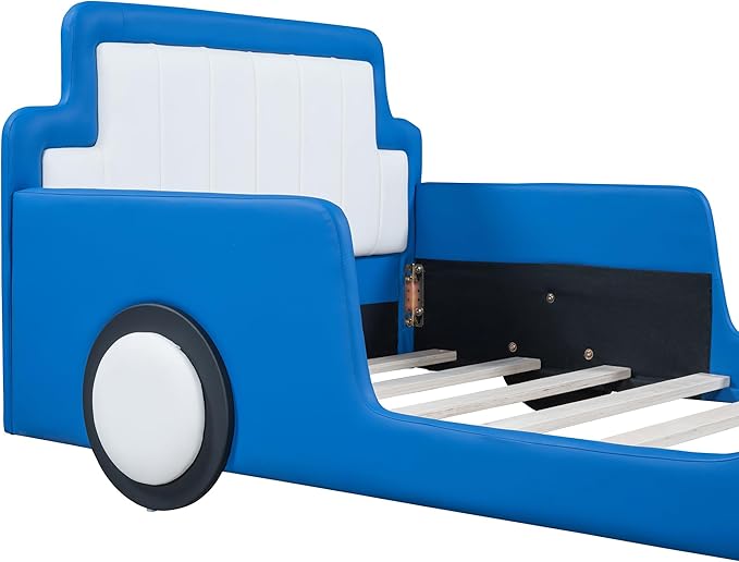 Ball & Cast Twin Size Race Car Shaped Platform Bed with Wheels,Wood Low Floor Bed Frame w/Rails & Headboard and Footboard,Slat Support,No Box Spring Needed,for Apartment,Dorm,Blue