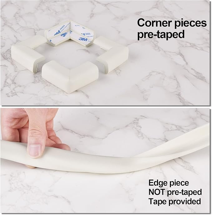 Baby Proofing Edge and Corner Guards, Safety 3M Pre-Taped Furniture Bumper, [16.40ft Edge + 4 Corners] Baby Corner Protector for Fireplace, Table, Stair, Cabinet (White)
