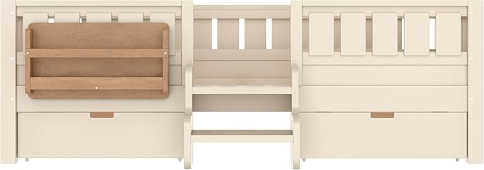 Bellemave Twin Size Kids Bed with high Rails and with Built-in Bookshelf and Drawers for Kids, Girls, Boys, Wood Montessori Bed Without Door, Beige
