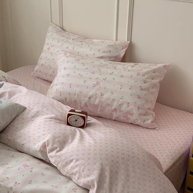 Striped Duvet Cover Queen Size Pink Floral On White Bedding Set with Bow Pattern 3 Pieces Kids Boys Girls Cute Bowknot Reversible Princess Style Soft Duvet Cover Set with Zipper Closure