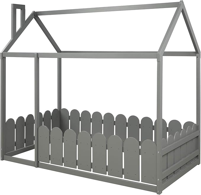 Merax Wooden House Bed with Fence-Shaped Guardrail Montessori Bed Frame for Kids, Toddlers, Girls, Boys (Twin,Gray)