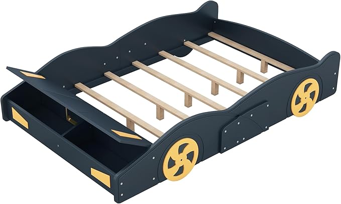 Full Size Race Car-Shaped Platform Bed with Wheels and Storage,Wood Car Bed Frame W/Guardrails,No Box Spring Required,for Boys Toddlers Kids Child's Bedroom,Dark Blue+Yellow