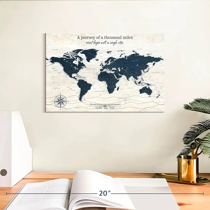ElephantStock - A Journey I Push Pin World Map Wall Art - Horizontal Canvas Wall Art - Living Room Wall Decor - Digital Art Map Canvas Art - Blue And Beige Decor - 12" x 8"
