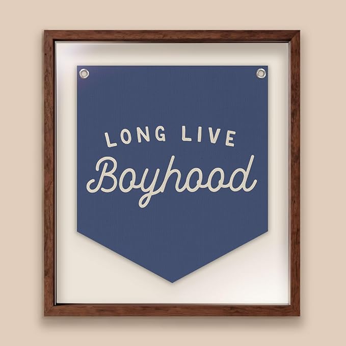 Lacama Vintage Room Decor,Long Live Boyhood Linen Banner,Boy Bedroom Wall Hanging Banner Pennant Flag Decor for Nursery Playroom Toddler Nursery Decor Kids Room,12.4x14 in(Navy blue)