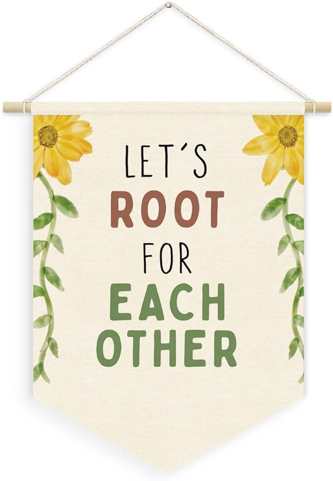 Greenery Floral Classroom Decor, Motivational Flower Nature Boho Linen Canvas Banner for Classroom Door Playroom Homeschool Decor, Let's Root for Each Other Wall Hanging Pennant Banner 15x11in