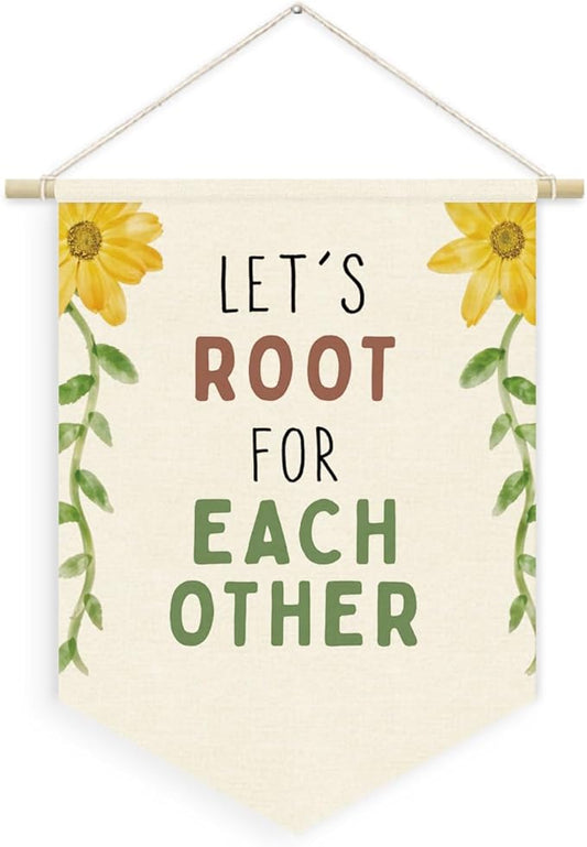 Greenery Floral Classroom Decor, Motivational Flower Nature Boho Linen Canvas Banner for Classroom Door Playroom Homeschool Decor, Let's Root for Each Other Wall Hanging Pennant Banner 15x11in