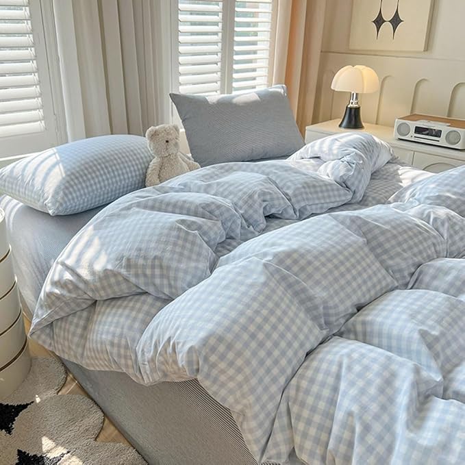 Nayoroom Blue Gingham Comforter Set Full Size Plaid Checkered Dorm Bedding Set 3 Pieces Soft Lightweight Farmhouse Grid Comforter for All Seasons (1 Comforter, 2 Pillowcases)