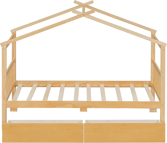 Merax Twin Size Wooden House Bed with Two Drawers, Wood Bed Frame with Roof for Kids, Teens, Boys or Girls, Natural