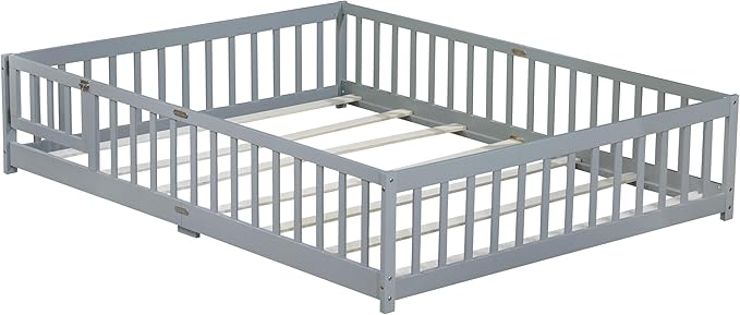 Queen Size Floor Bed with Door & Fence for Kids Boys Girls,Montessori Floor Bed with Roof & Full-Length Guardrails,Easy Assembly & No Box Spring Needed, Grey