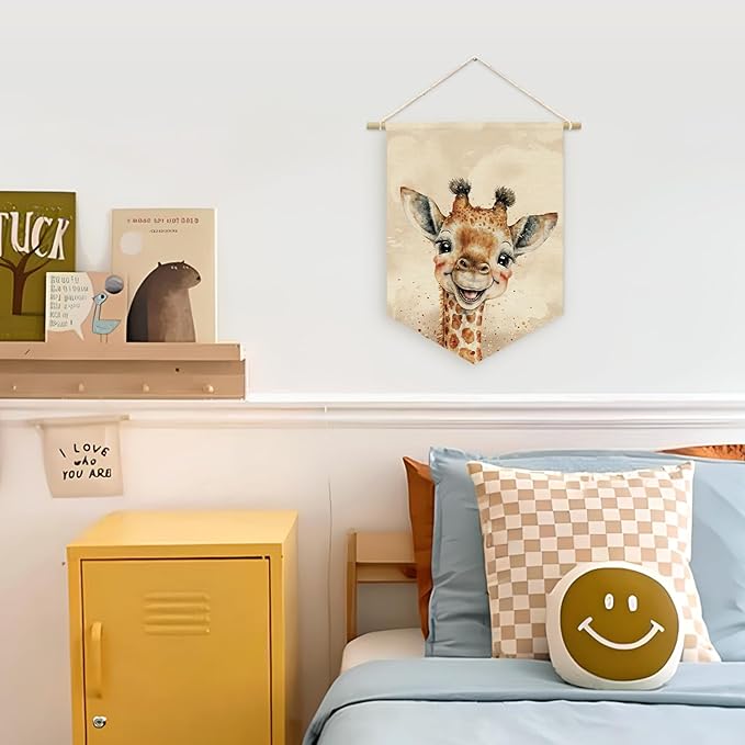 Safari Decor, Woodland Nursery Decor, Baby Giraffe Cute Wall Art,Kids room Canvas Banner,Watercolor Animal Giraffe for Living Room Bedroom, Hanging Pennant Flag Banner 15x11in