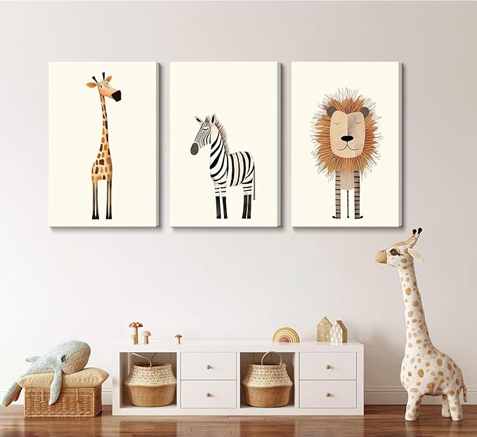 Safari Nursery Wall Art Baby Animal Canvas Wall Decor Cute Giraffe Lion Zebra Jungle Pictures Prints Posters for Baby Boy Girl Children's Room Bedroom Home Decorations 16x24inx3 Framed