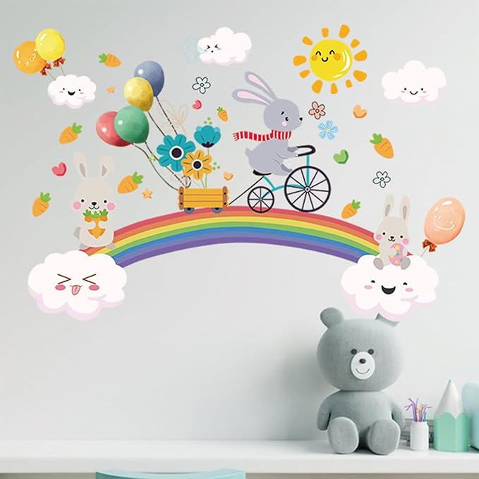 Rainbow Wall Decals for Girls Bedroom Easter Bunny Wall Murals for Living Room Décor Wall Decor Stickers & Murals 3D Rabbit Wall Art as Decorations