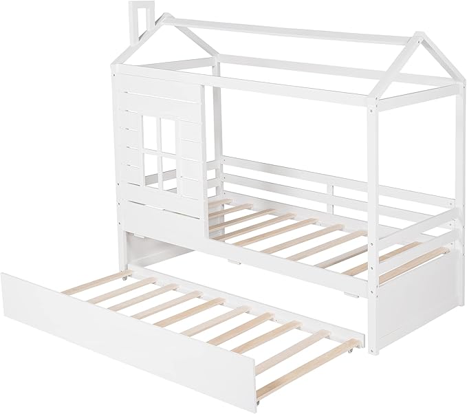 Merax Twin Size House Bed with Trundle, Twin House Shaped Bed Frame for Boys Girls, Wooden Bed Frame Twin Size with Roof, No Box Spring Needed, White