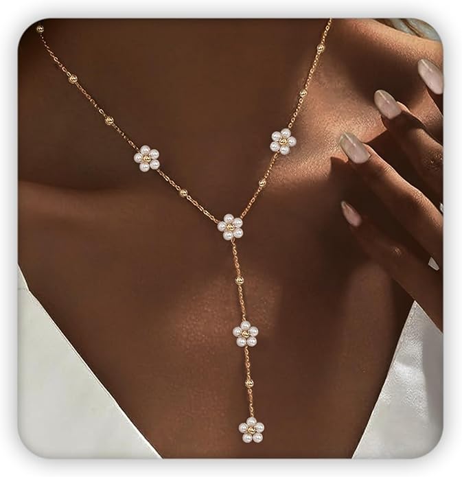 SmileBelle Pearl Necklaces for Women, Daisy Pearl Choker as Christmas Stocking Stuffers for Teens, Silver Daisy Pearls Jewelry Trendy Stuff Birthday Gifts 3 Pearls White Necklace as Wedding Jewelry