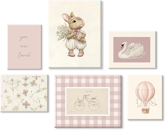 Pink Nursery Wall Art Baby Girl Canvas Wall Decor Vintage Poster Bunny Flower Wall Art Antique Preppy Pictures Animal Floral Prints Kids Swans Painting for Girls Room Bedroom 8x10x6 Inch Framed