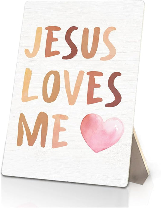 Baby Girl Boy Nursery Decor, Jesus Loves Me Boho Christian Nursery Wooden Stand Sign 5x7 Inch, Religious Bible Verse Decorations Signs for Toddler Girls Boys Room Desk Table Decor