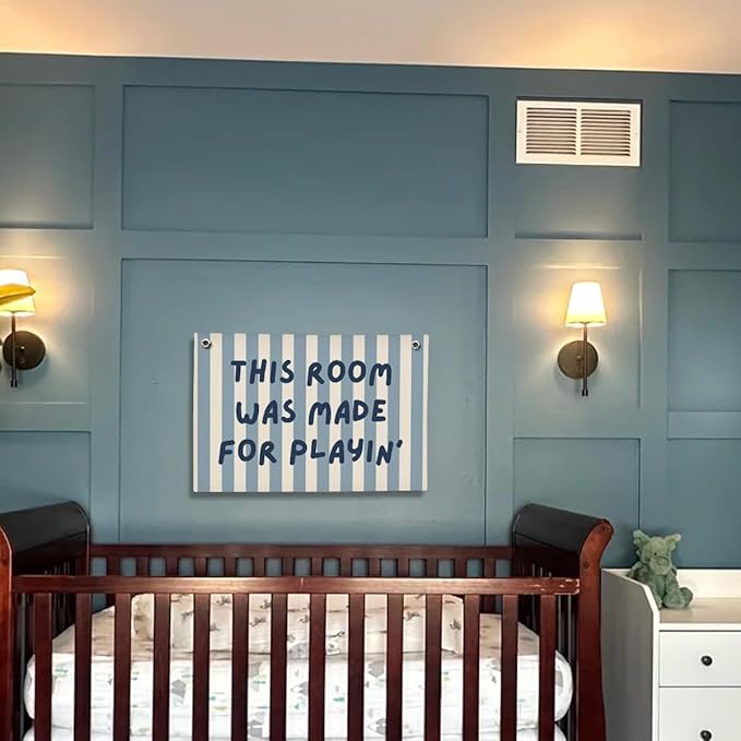 Playroom Decor, Toddler Boy Room Decorations Banner, Blue Striped Wall Flag for Kids Nursery Room Playroom Decor, 20x30 Inch