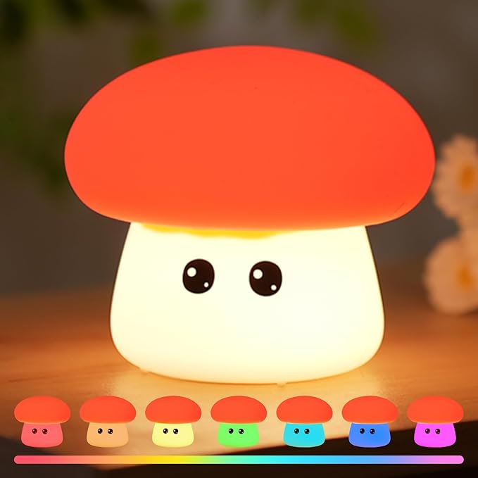 Cute Mushroom Night Light for Kids Rechargeable, Battery Operated Nightlight 3 Level Dimmable with RGB&Timer, Silicone Touch Nursery Lamp for Baby Girls Boys Bedroom Gifts