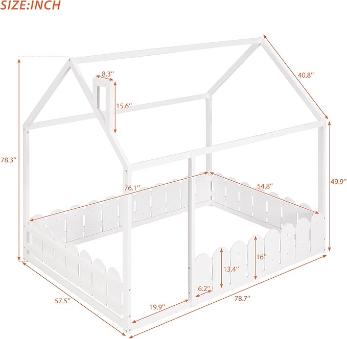 Bellemave Kids House Beds, Full Floor Bed with Fence Wood Cabin Bed Frame Can be Decorated for Teens, Girls, Boys, Adults, White