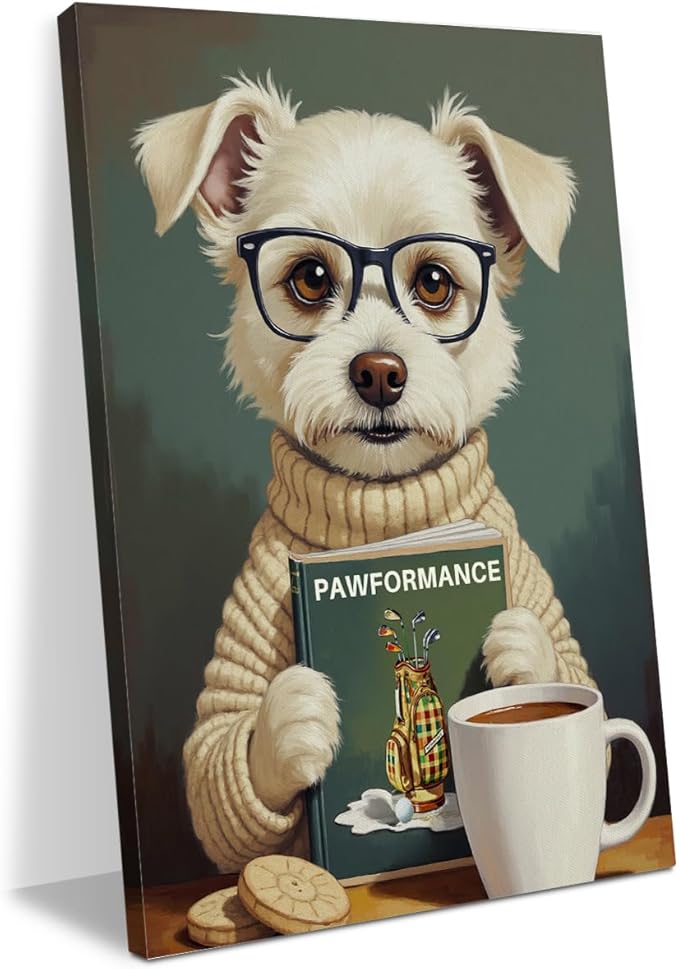 GHUSDFM Cute Retro Animals Dog Book Lovers Gifts Bookish Gifts Wall Decor Canvas Wall Art Vintage Funny Pet Reading Poster Home Living Room Kitchen Dining Room Decorations Paintings 11.5X14.5 Inch
