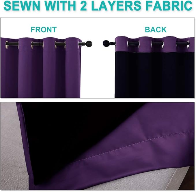 NICETOWN 100% Blackout Curtains 2 Panels with Black Liners, Royal Purple, 42-inch W by 54-inch L, Thermal Insulated Full Blackout 2-Layer Lined Drapes, Noise Cancellation Window Drapes for Dining Room