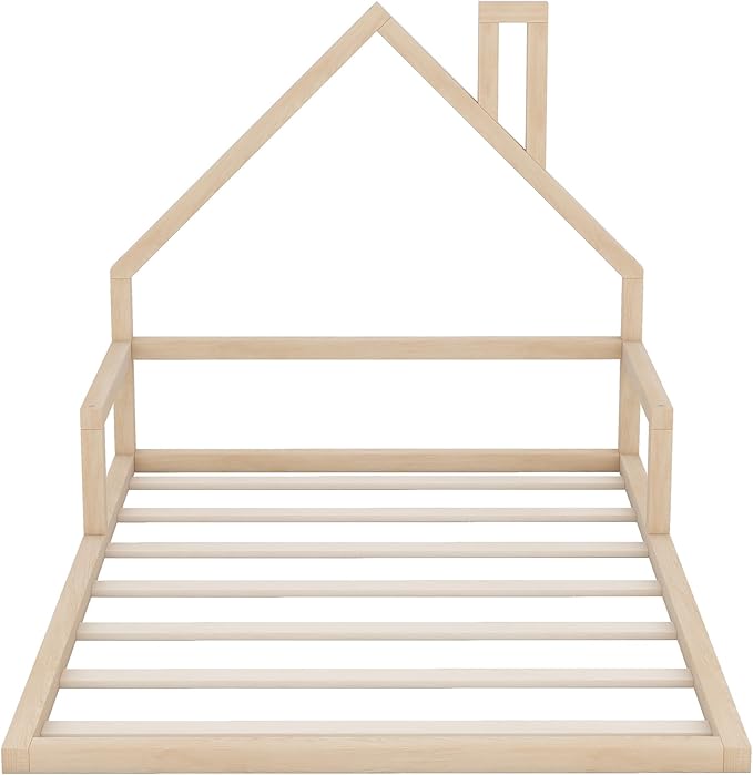 Harper & Bright Designs Full Size House Floor Bed, Montessori Floor Bed for Kids, Solid Wood Low Bed Frame for Bedroom, Playroom, Wooden Slats Support, Natural