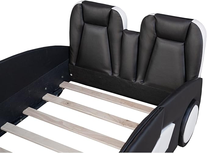Ball & Cast Twin Size Race Car Shaped Platform Bed with Wheels,Wood Low Floor Bed Frame w/Rails & Headboard,Slat Support,No Box Spring Needed,for Apartment,Dorm,Black