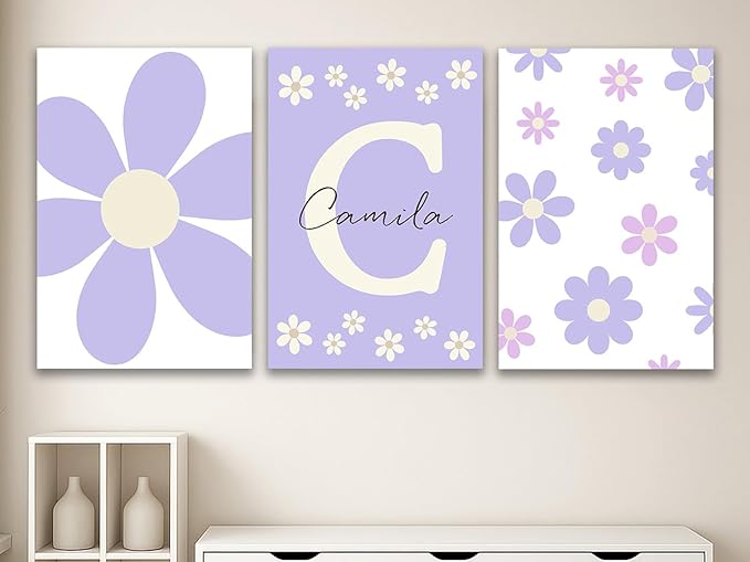 Personalized Girls Nursery Wall Art – Custom Name Purple Daisy 3pc Unframed Canvas Print for Girls Room, Baby Nursery, Kids Wall Decor, Initial Wall Art, Birthday or Holiday Gift (15.7×23.6inch)
