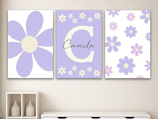Personalized Girls Nursery Wall Art – Custom Name Purple Daisy 3pc Unframed Canvas Print for Girls Room, Baby Nursery, Kids Wall Decor, Initial Wall Art, Birthday or Holiday Gift (19.7×29.5inch)
