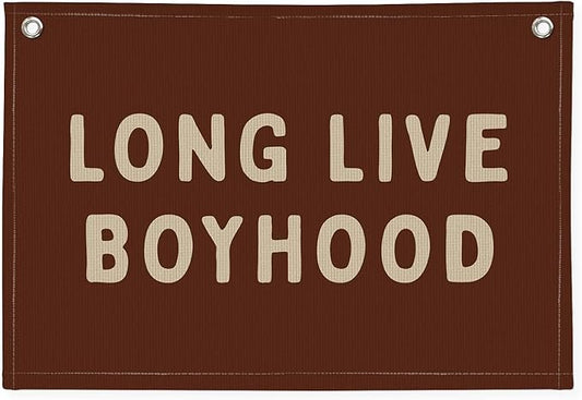 Long Live Boyhood Linen Banner – Boys Room Wall Hanging, Playroom & Nursery Decor, Toddler Room Flag, Aesthetic Boys Bedroom Sign – Chocolate Brown