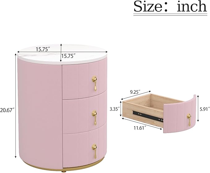 Bellemave Set of 2 Upholstered Nightstand with 3 Drawers, Two Round Bedside Tables with Metal Handles, Velvet End Tables, Marbling Stickers Top Nightstands (Pink)